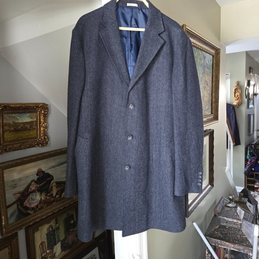 Blue/Navy Herringbone Wool Coat - Large 3/4 Coat